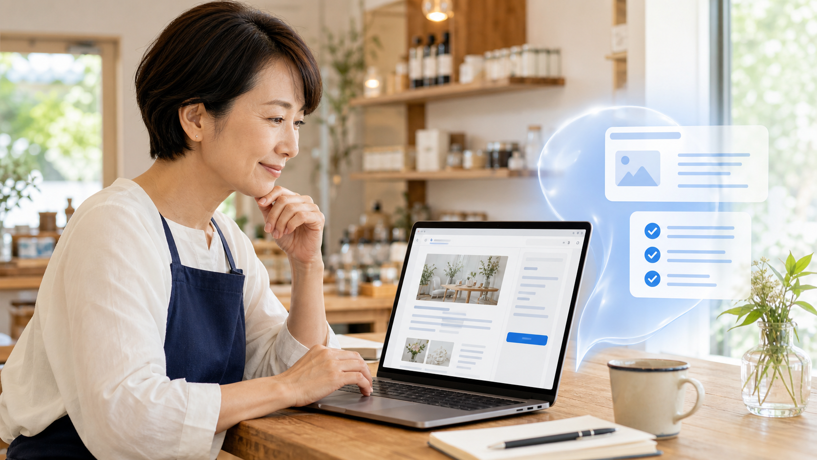 店舗経営者がAIの助けを借りてホームページの記事を確認している様子
